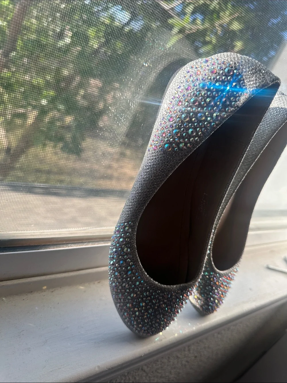 Crystal-Studded Silver Ballet Flats by Unbranded